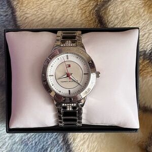 Tommy Hilfiger Silver Watch with White Dial and Red Accents